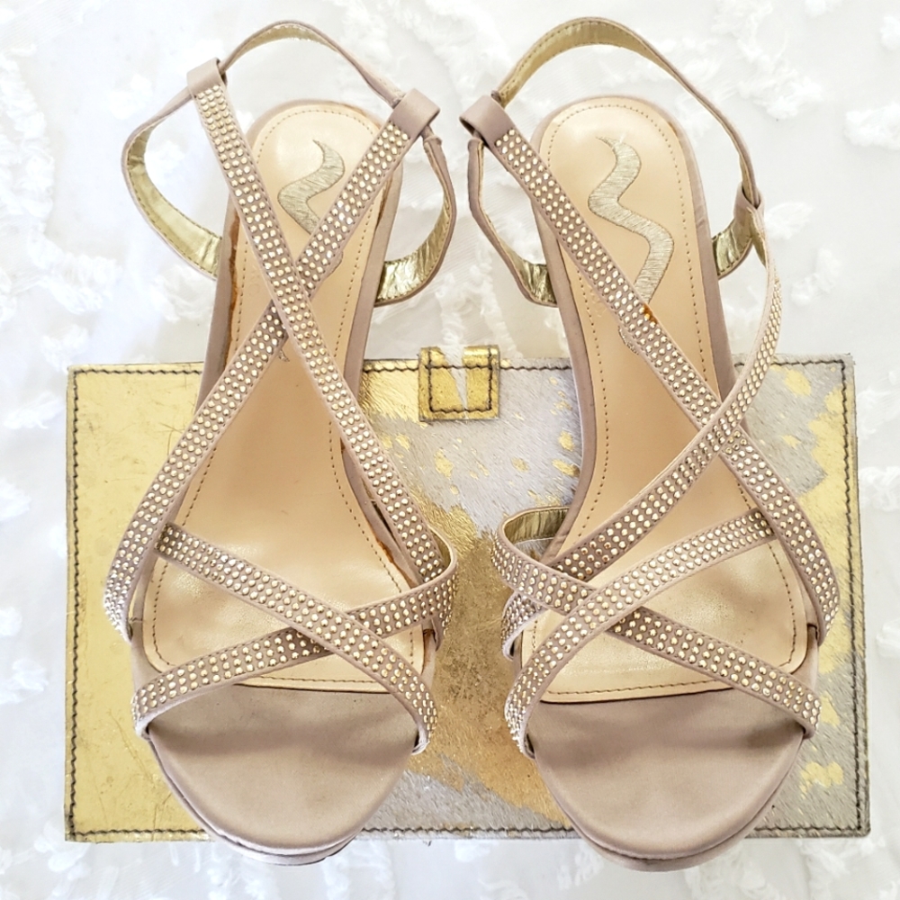Nina Nude Strappy Gold Rhinestone Heels